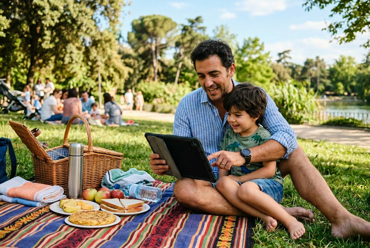 Father and son reading on a picnic blanket