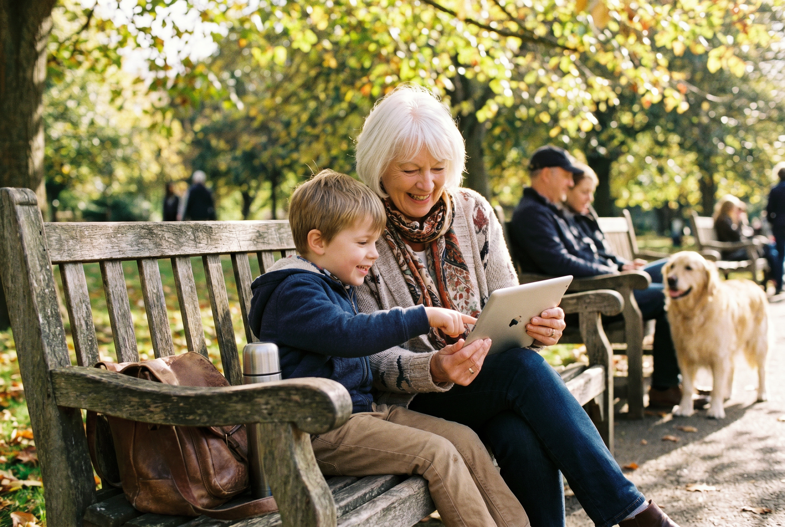 Grandmother and grandson reading on a park bench
