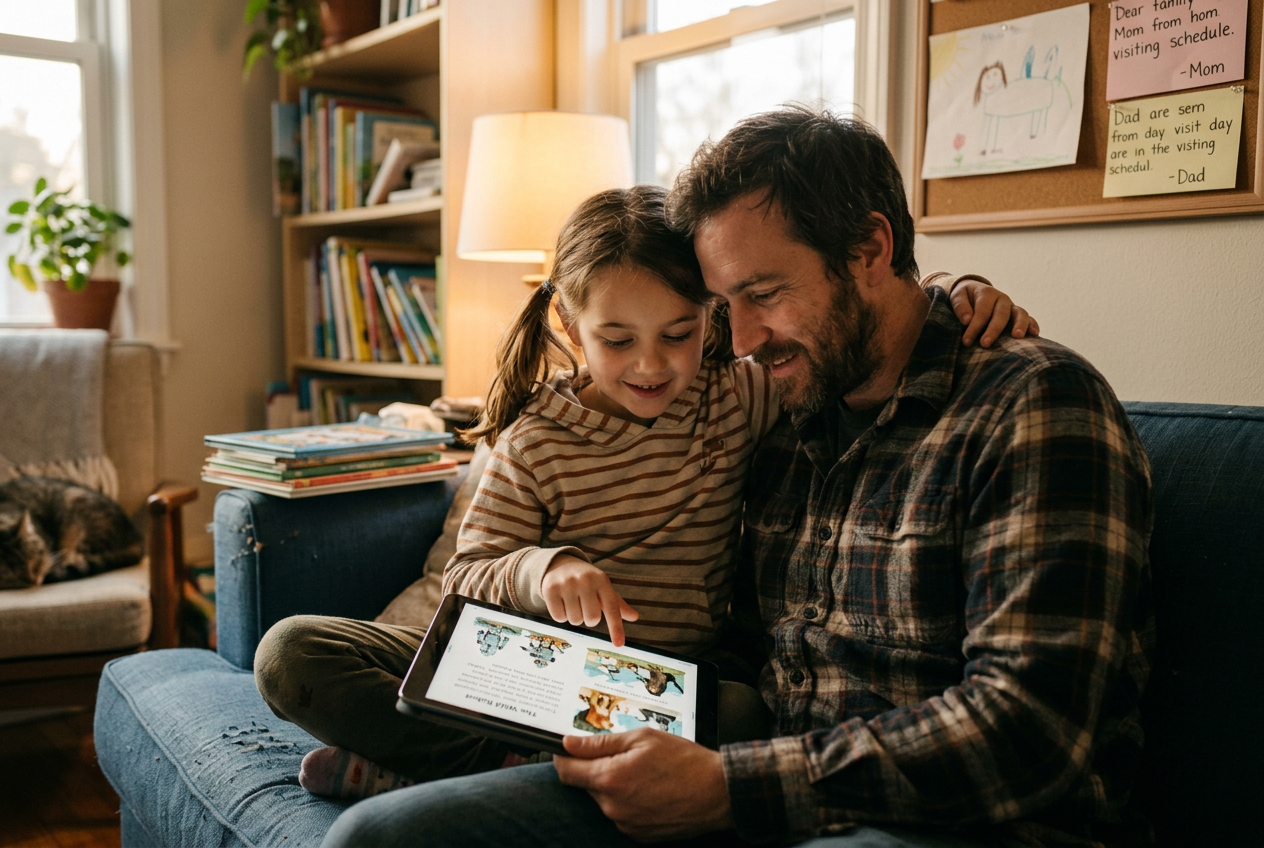 Father and daughter reading together on an iPad