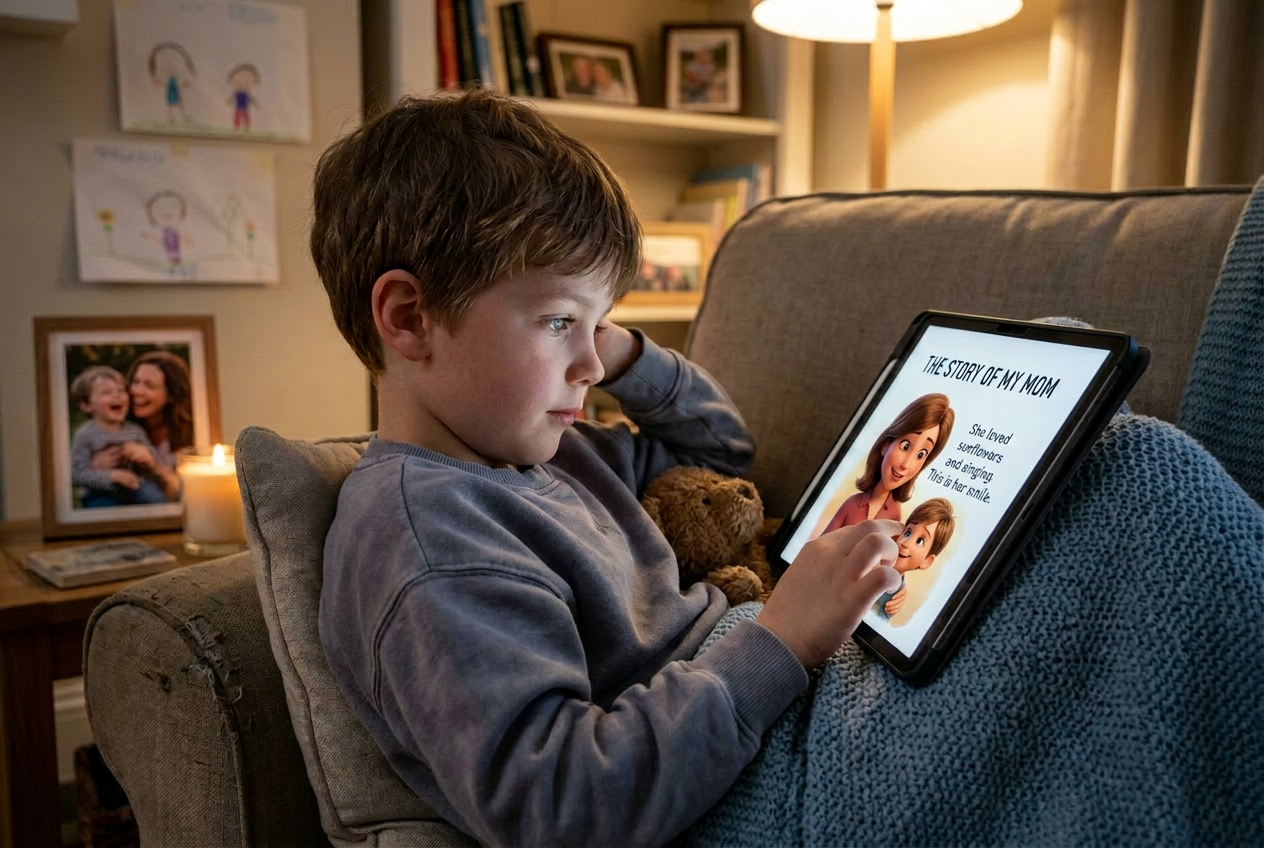 Boy reading The Story of My Mom on an iPad